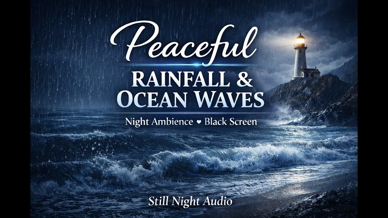 Peaceful Rainfall and Ocean Waves – Night Ambience, Black Screen | Still Night Audio