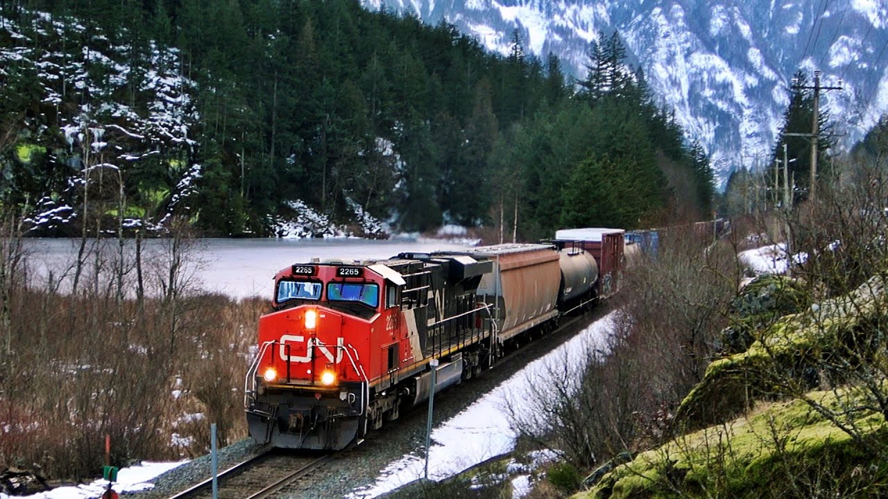 Massive Mixed Freight Train Works Hard Up Grade In Beautiful British Columbia