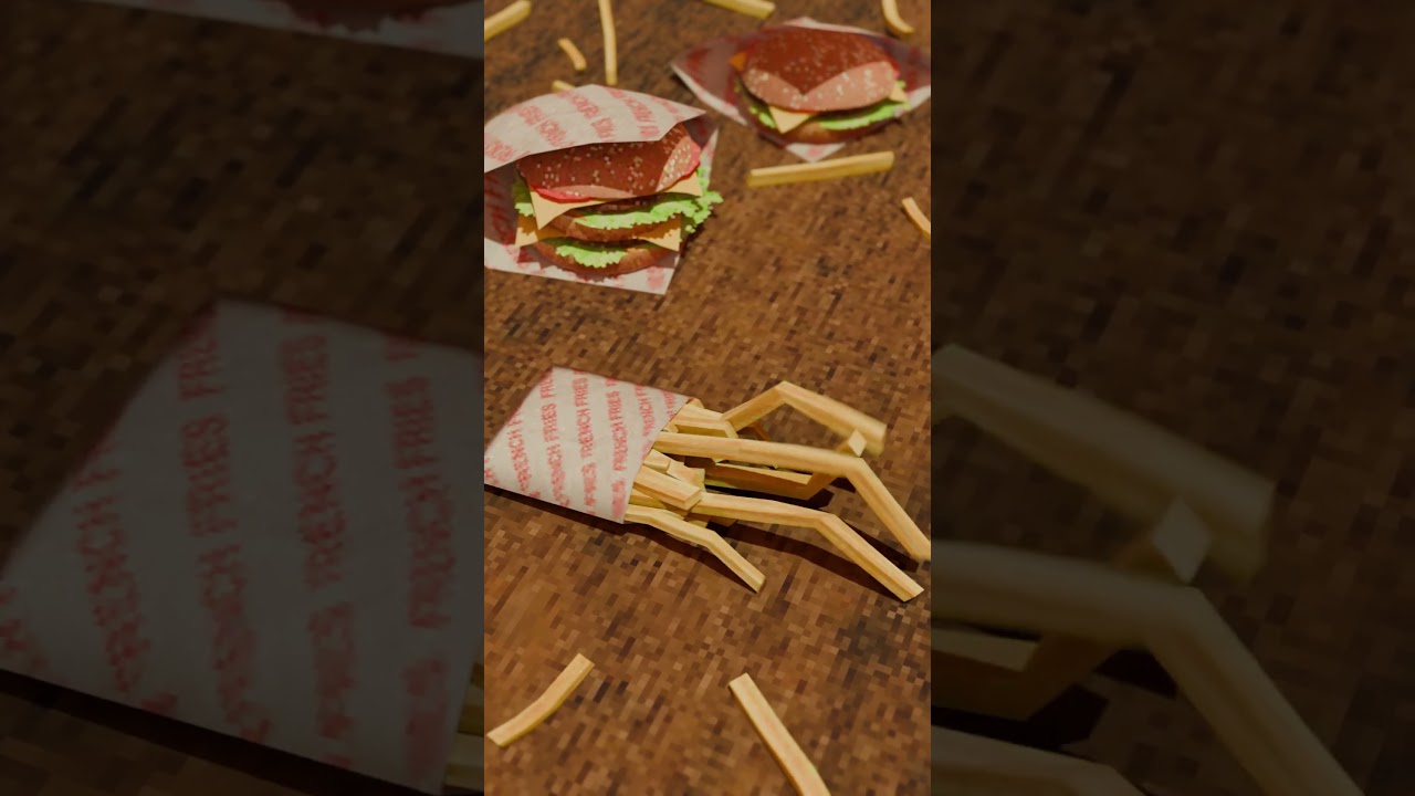 Low poly burger with fries creature 3d animation
