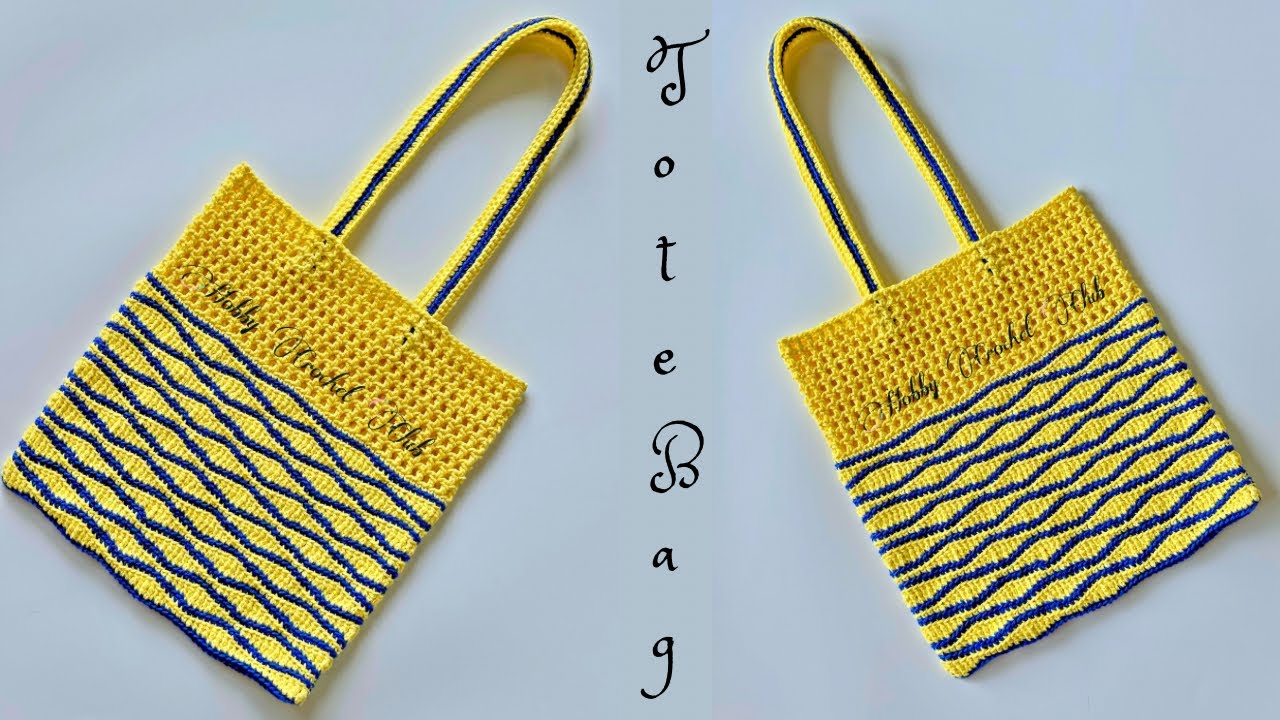 Crochet tote bag with wave and mesh pattern (English)