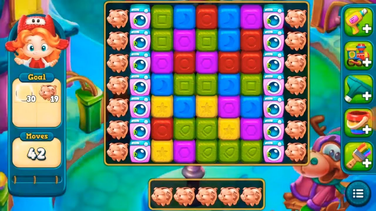 Toy blast level 572 obstacles: 30 bubbles you make from pink/blue washing machines & 19 pink pigs