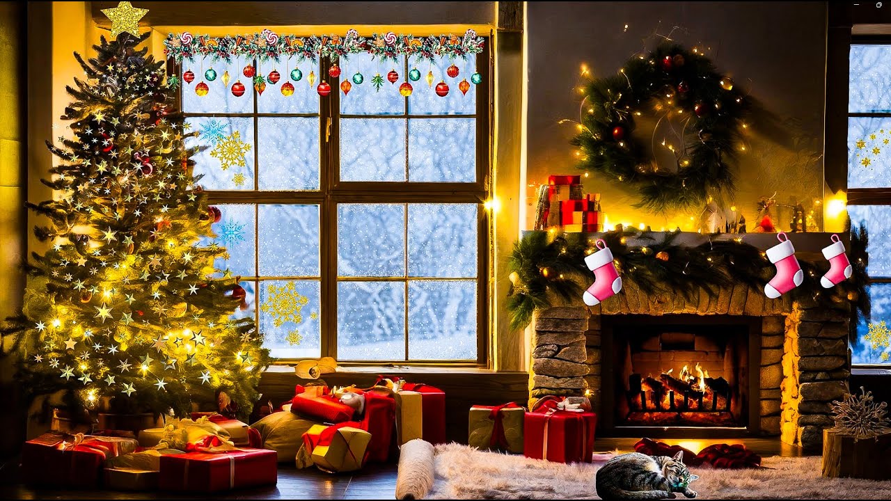 Cozy Christmas soothing Jazz: Fireplace, Sleeping Cat, & Snowfall