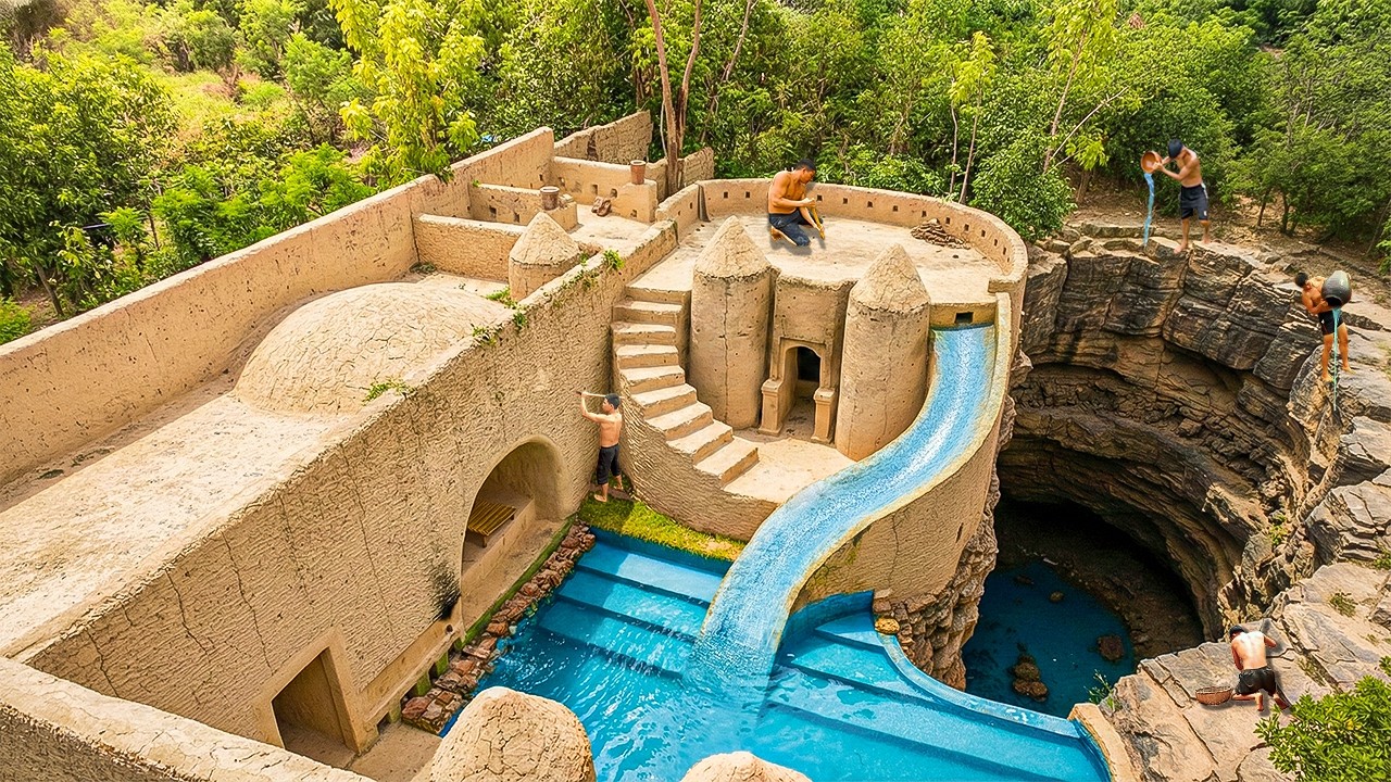280 Days Building a Cliffside Mud Fortress with 10m Deep Spiral Pools & Slides Using Primitive Tools