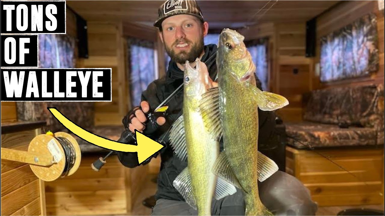 Ice Fishing Overnight in FANCY Ice Shack- Catching TONS of Walleyes!