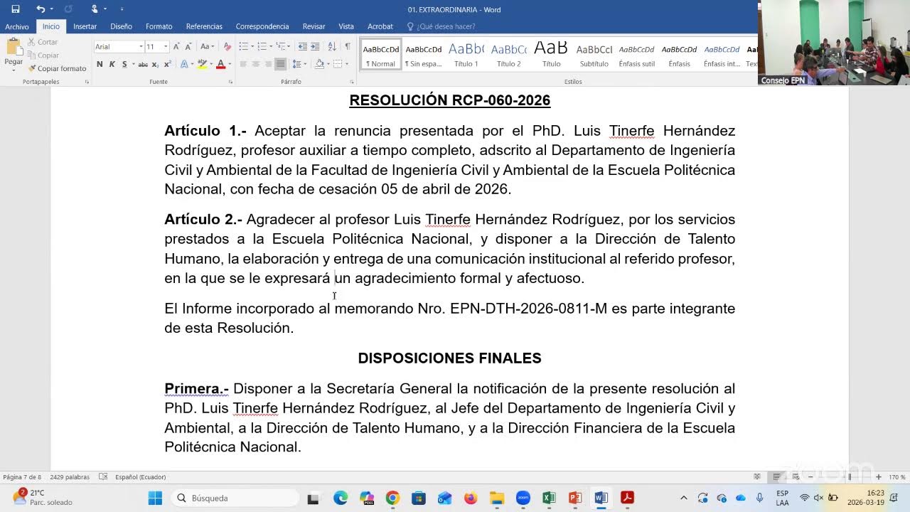 Primera Sesión Extraordinaria del Consejo Politécnico - 19/3/2026