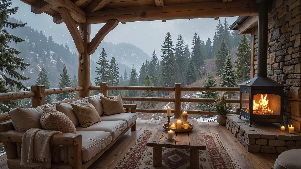 Cozy Winter Porch Ambience ⛄ Warm Piano Music and Crackling Fireplace on a Snowy Day for Relax