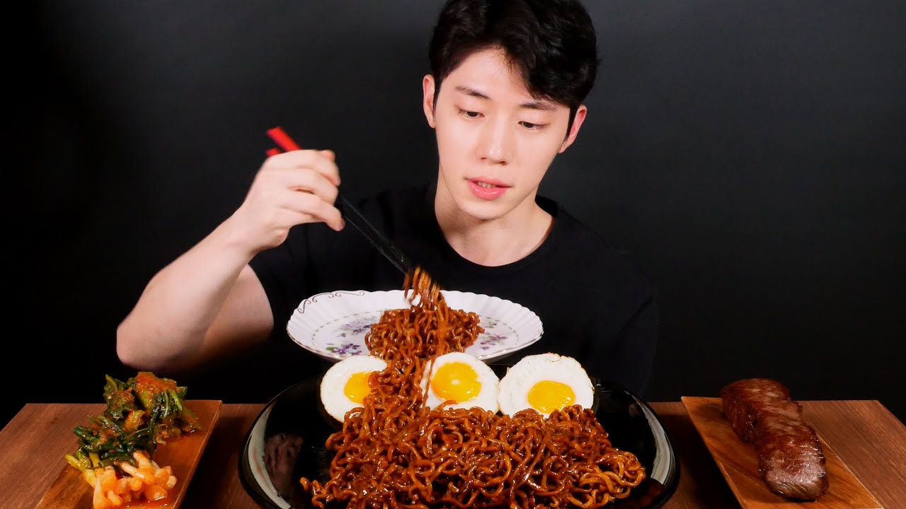 SUB) CHAPAGETTI (JAJANGMYEON), BEEF (striploin), KIMCHI MUKBANG  EATING SOUND ASMR EATING SHOW AJEOC