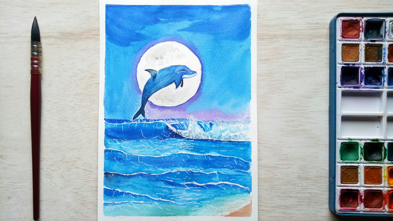 #159 Moonlight Night Painting | Dolphin Painting Watercolor tutorial | Moonlit  Ocean scenery Art