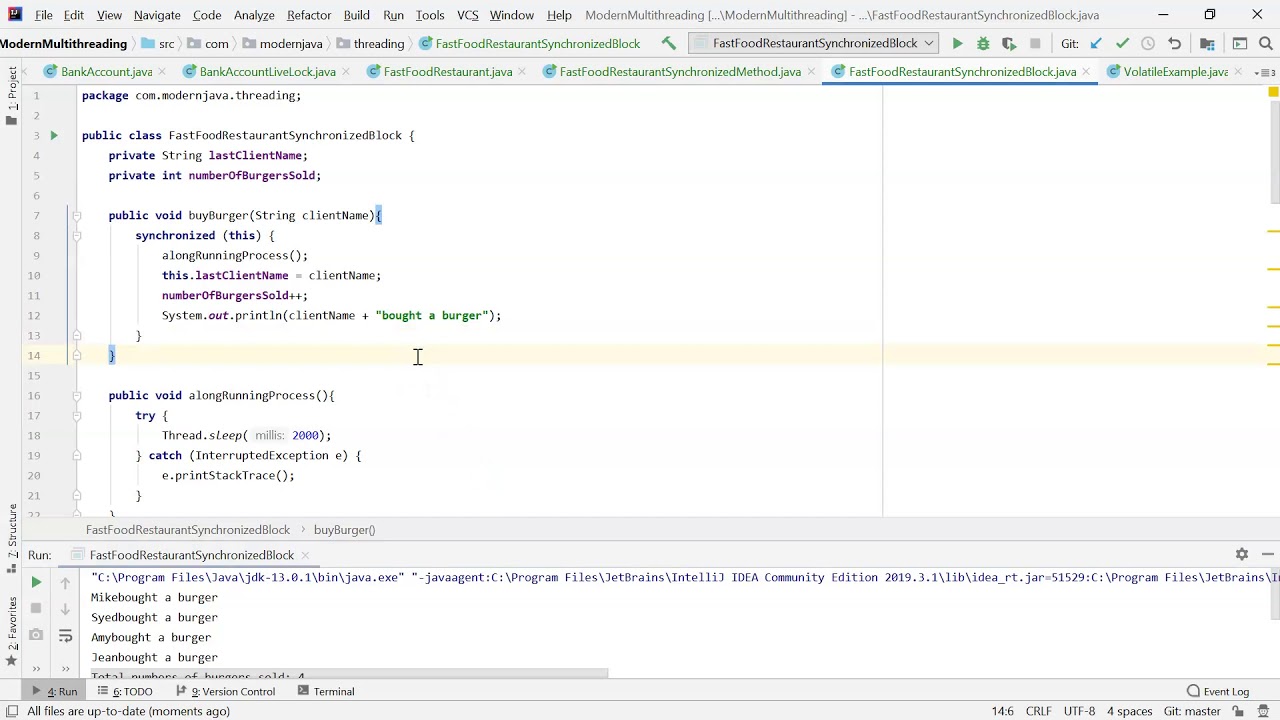 Java example of synchronized blocks