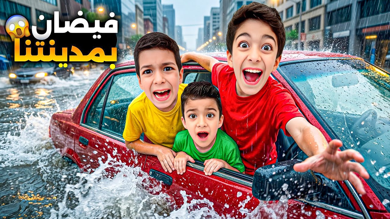 تحذير فيضان بمدينتنا دخلت سيارتنا جوا المي😱يزن وزين شو عملوا🥹#زين_وألفت 