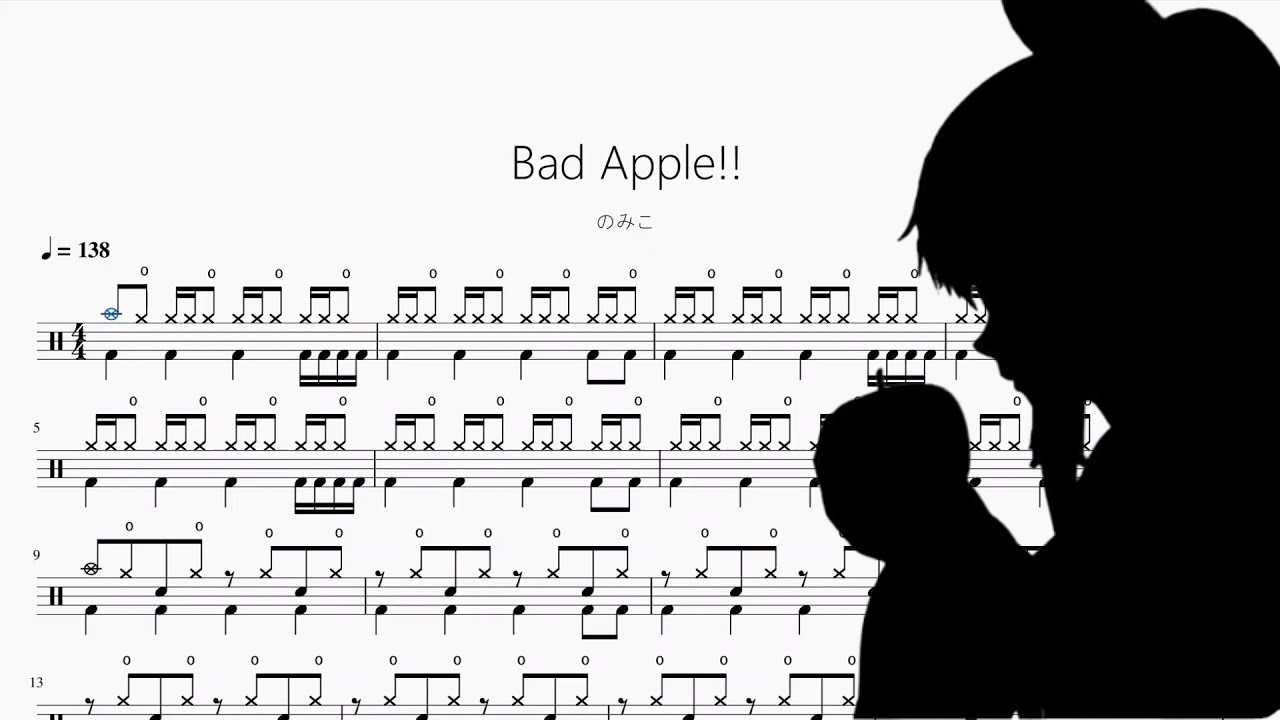 Bad Apple!!【のみこ】动态鼓谱 ドラム楽譜