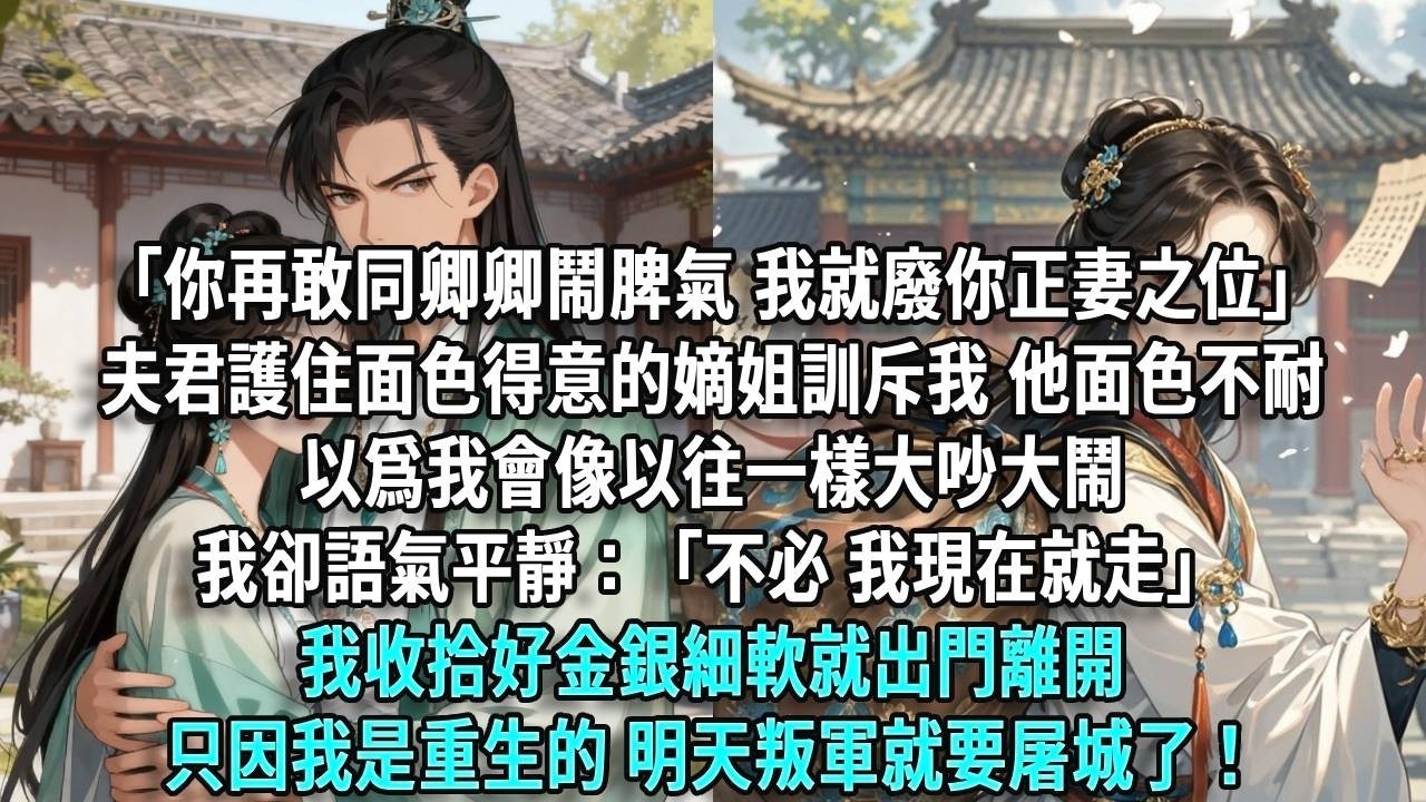 「你再敢同卿卿鬧脾氣，我就廢你正妻之位，休了你！」夫君護住面色得意的嫡姐訓斥我，他面色不耐，以爲我會像以往一樣大吵大鬧，我卻語氣平靜：「不必了，我現在就走。」我收拾好金銀細軟就出門離開，只因我是