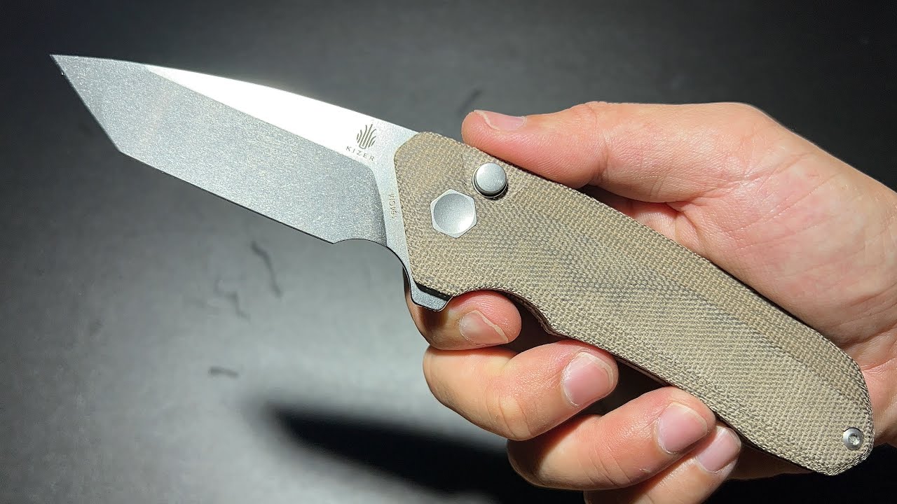 KIZER MAD TANTO GREEN MICARTA ยืม ใบเนียนด้ามผ้า มาพร้อมปุ่มล๊อก