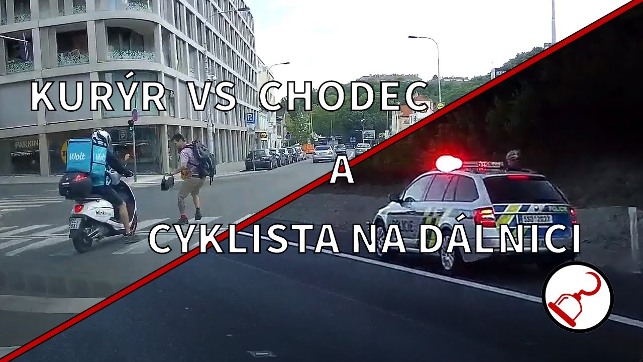 Kur&yacute;r vs chodec, Cyklista na d&aacute;lnici, Trouben&iacute;, Dashcam CZ, Kamera v autě, Hromadn&aacute; sr&aacute;žka, Agrese