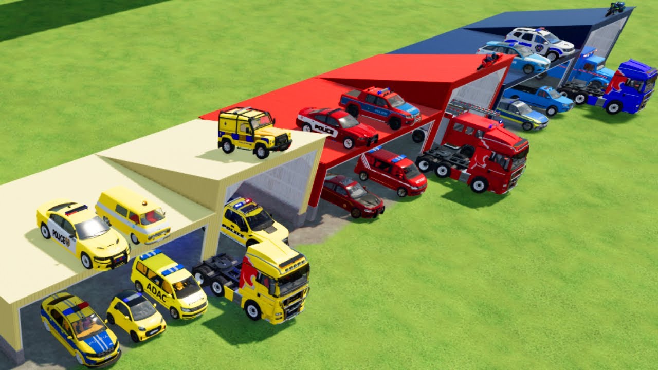TRANSPORTING CARS, AMBULANCE, POLICE CARS, FIRE TRUCK OF COLORS! WITH TRUCKS! - FS 22