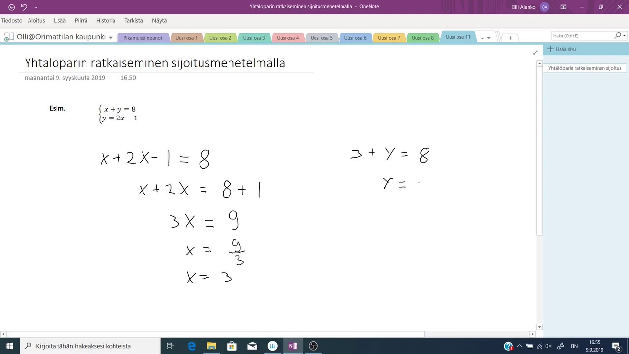Yhtälöparin ratkaiseminen sijoitusmenetelmällä