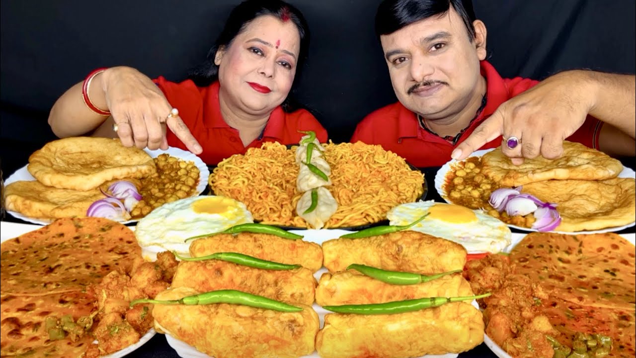 ASMR: CHOLE BHATURE METHI THEPLA MAGGI NOODLES FRANKIE MOMOS EATING CHALLENGE|DUMPLING MUKBANG|#food