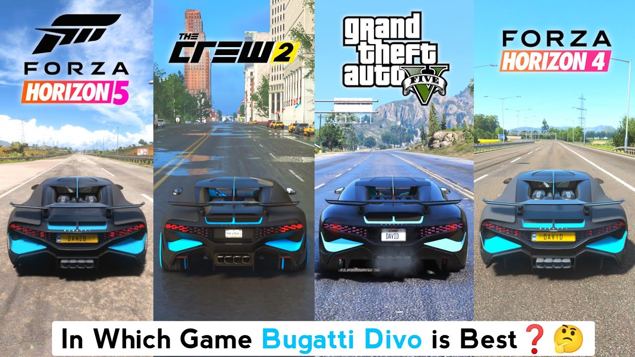 Bugatti Divo Sound & Top Speed - Forza Horizon 5 vs The Crew 2 vs Forza Horizon 4 vs GTA 5
