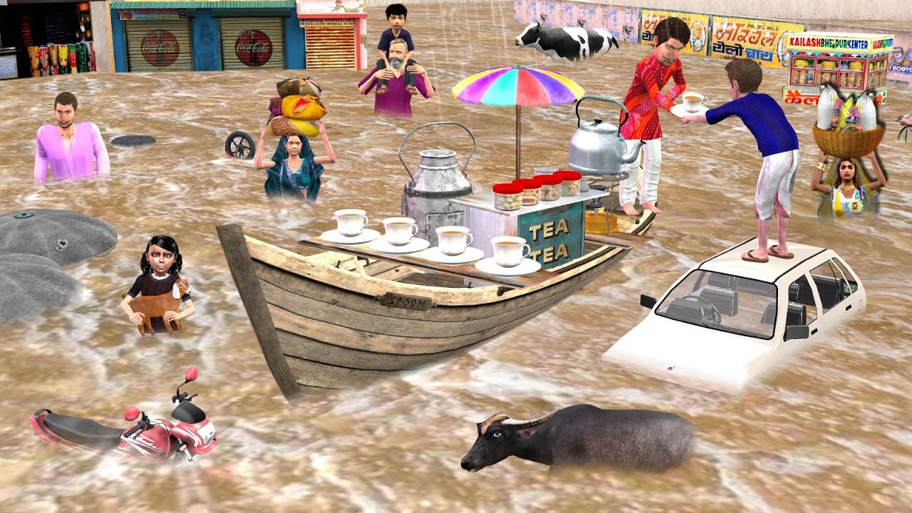Barish Floods Greedy Lalchi Chai Wala Rain Floods Rescue Hindi Kahani New Funny Comedy Hindi Stories