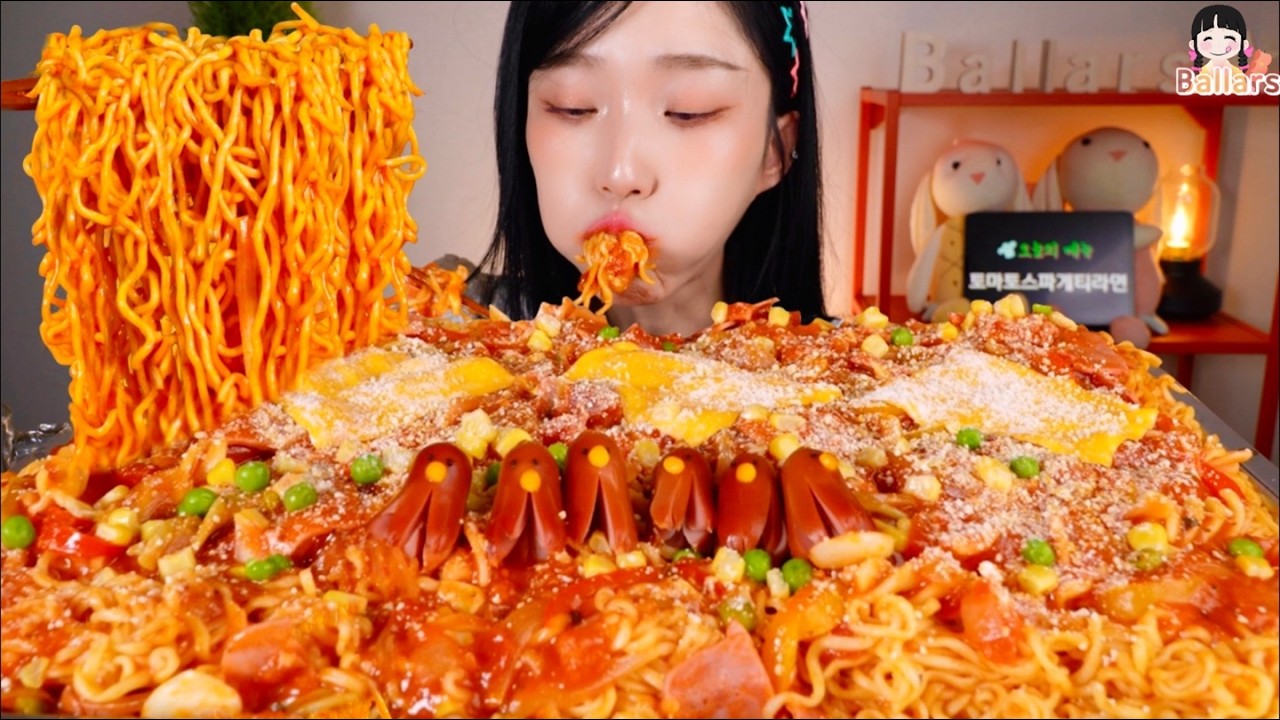 Mukbang:) 🍝Korean Style food | Tomato spaghetti Ramen & Beer ☆Big Bites : ASMR :: Eatingshow☆