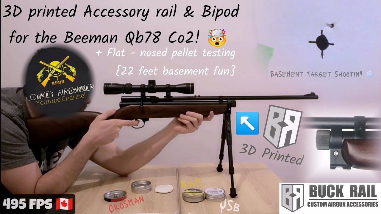 Beeman QB78 3D printed Accessory rail [Buck Rail] & Basement Flat-nosed pellets shootout {22 feet}