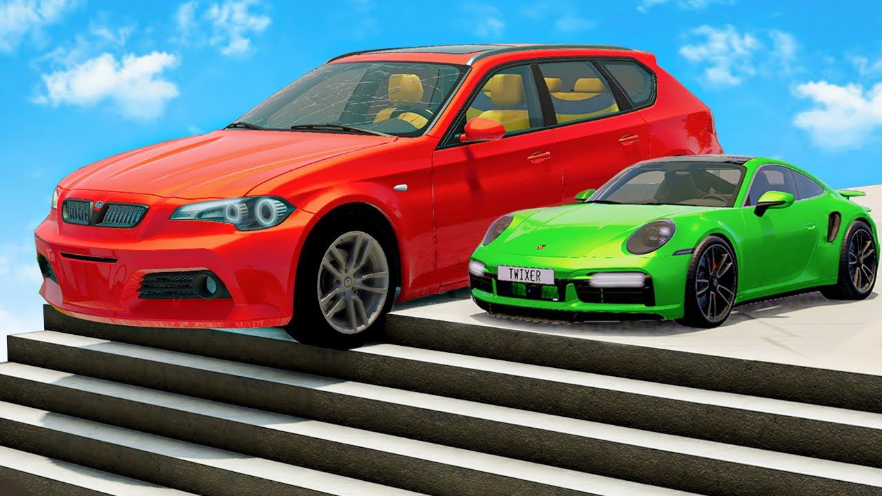 Big & Small Cars vs Stairs Jumps Down - BeamNG.Drive