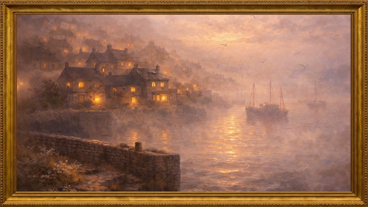 Foggy Coastal Village Harbor | 4K Framed Art Screensaver | 2 Hours Silent Painting for Your TV