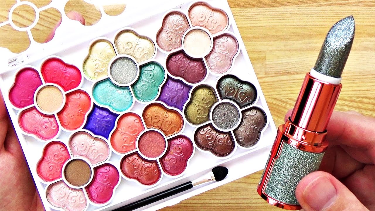 Slime Coloring with Makeup! Mixing Flower Shaped Eyeshadow Palette & Glitter Lipstick into Slime!