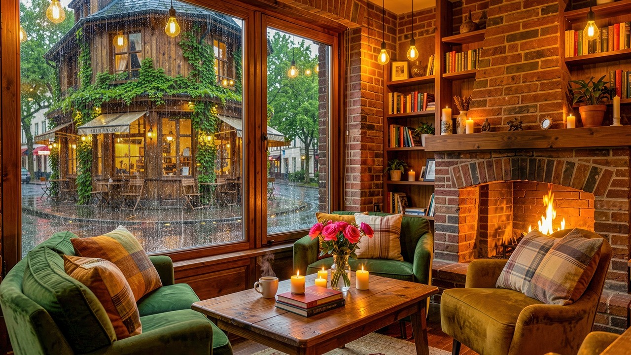 Cozy Rainy Window Jazz ☕ Warm Fireplace Café Ambience & Smooth Jazz Music for Study, Relax
