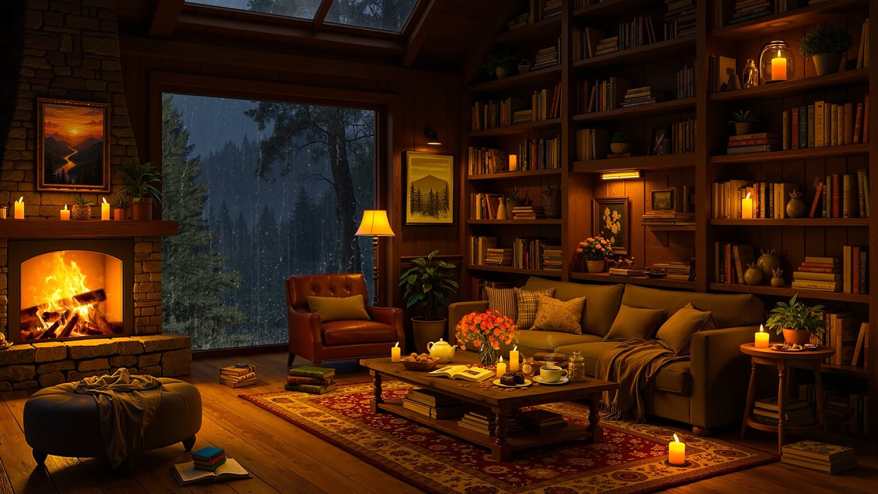 Rainy Night in Cozy Reading Nook Ambience 🔥 Smooth Jazz with Crackling Fireplace Sounds for Sleeping