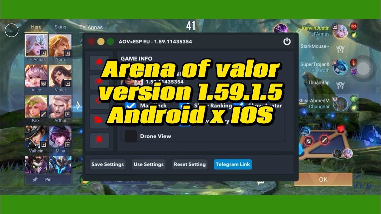 Arena of Valor server EU version 1.59.1.5 - Map hack, All skins, Aim general,...