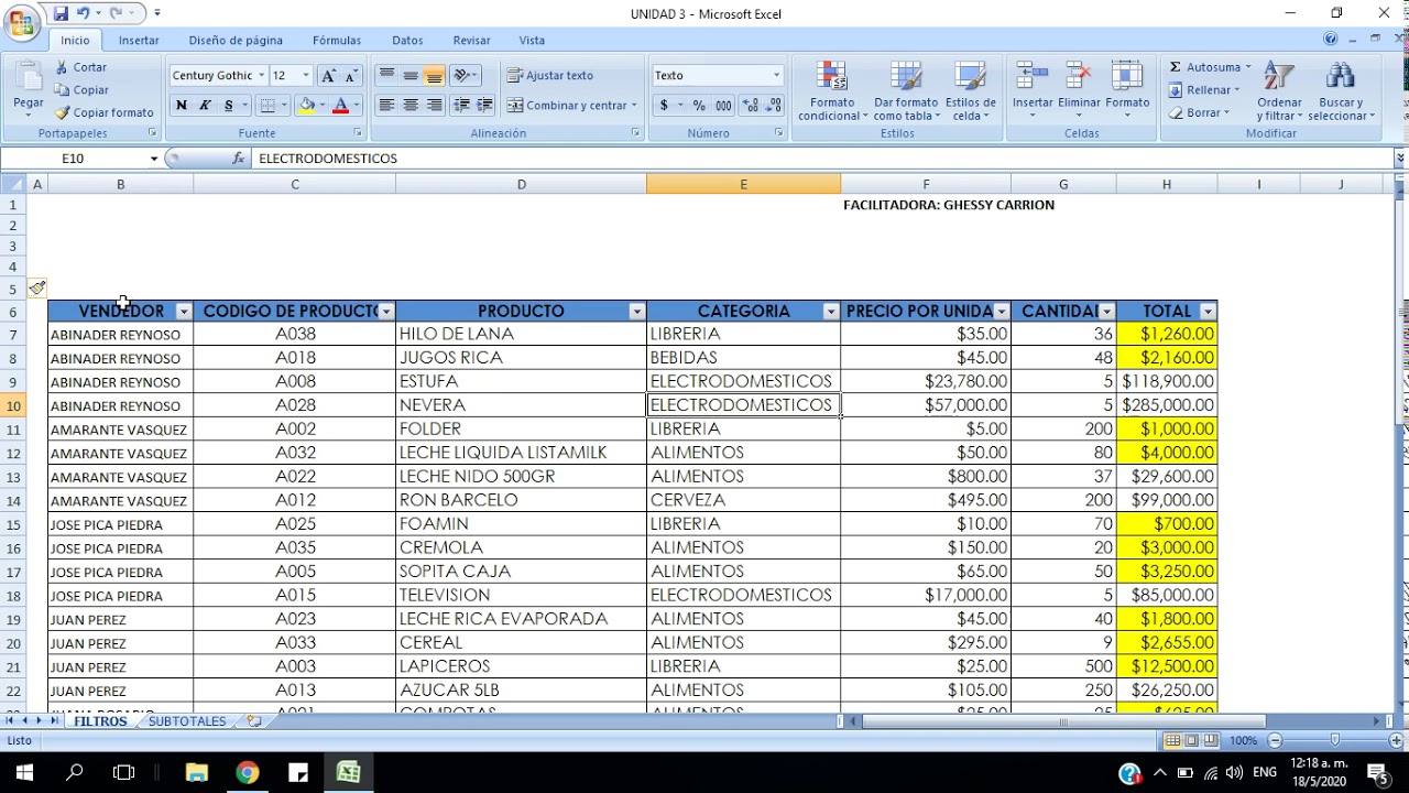 FILTROS & SUBTOTALES, En Excel