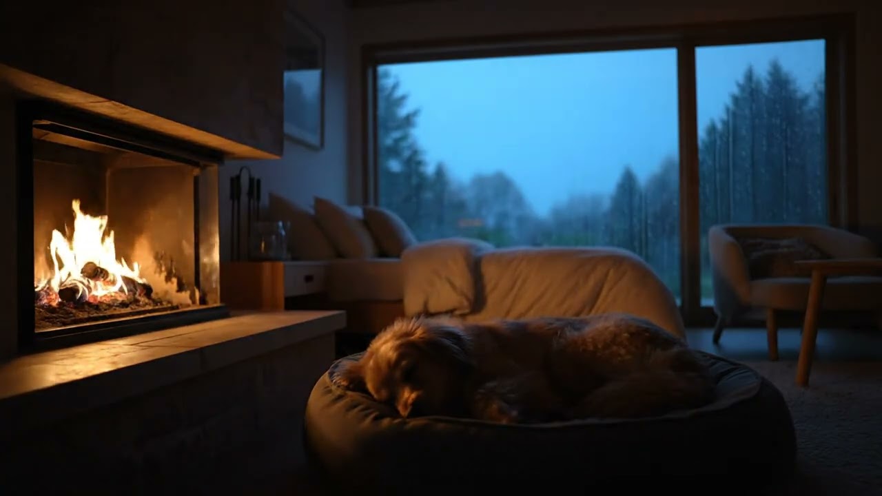 Cozy Rainy Night Bedroom 🌧️ | Fireplace & Sleeping Dog Ambience (1 Hour)