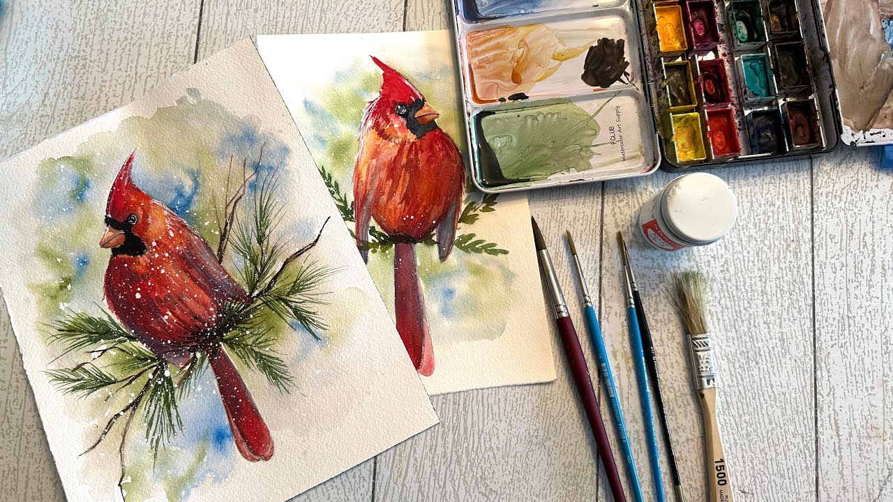 Colorful Watercolor Cardinal on Pine Branch in the Snow