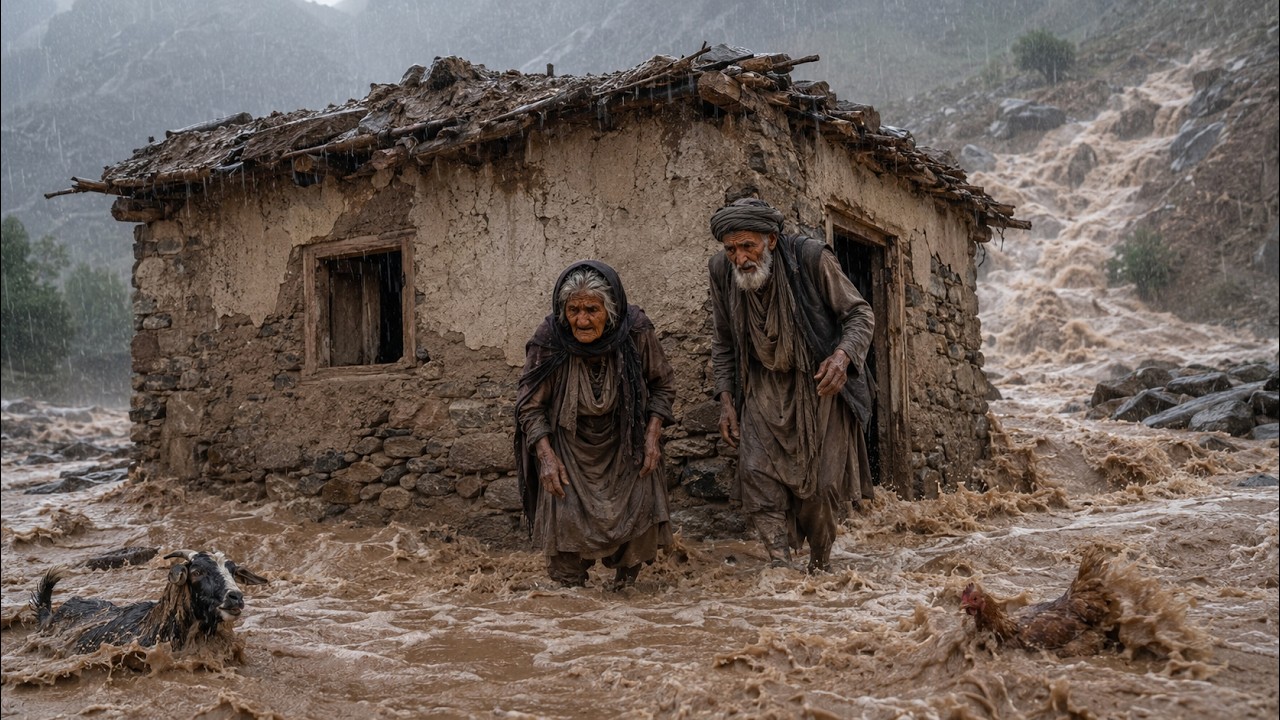 Heavy Rain and Flood in Rural Afghanistan ⛈️ | 100-Year-Old Couple Try to Survive at Home 😱🔥