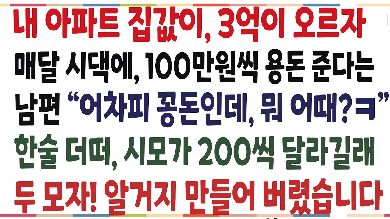 (반전신청사연)10년만에 장만한 아파트가 3억 오르자, 매달 백만원씩 용돈준다는 남편!한술 더떠 시모가 200씩 달라길래 알거지 만들어 버렸습니다[신청사연][사이다썰][사연라디오]