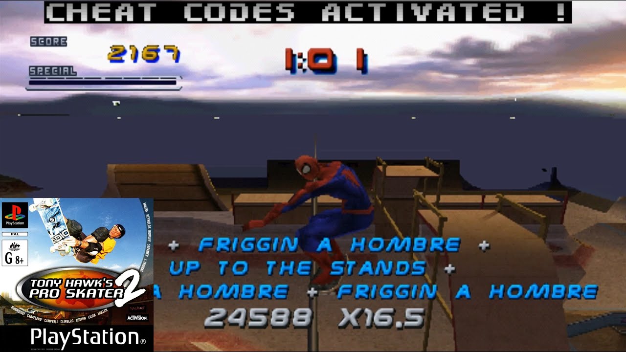 Tony Hawk's Pro Skater 2 | PlayStation 1 | Spider-Man Career | Cheat Codes Activated.
