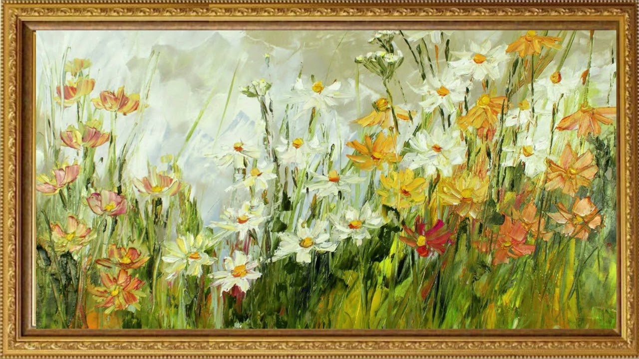 Picture with white wildflowers | TV frame | Vintage painting that brings peace and tranquility