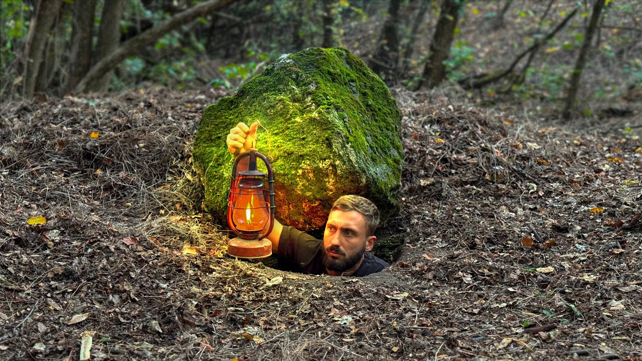 Building a Secret Dugout Under a Large Rock. Bushcraft, Survival, Dugout