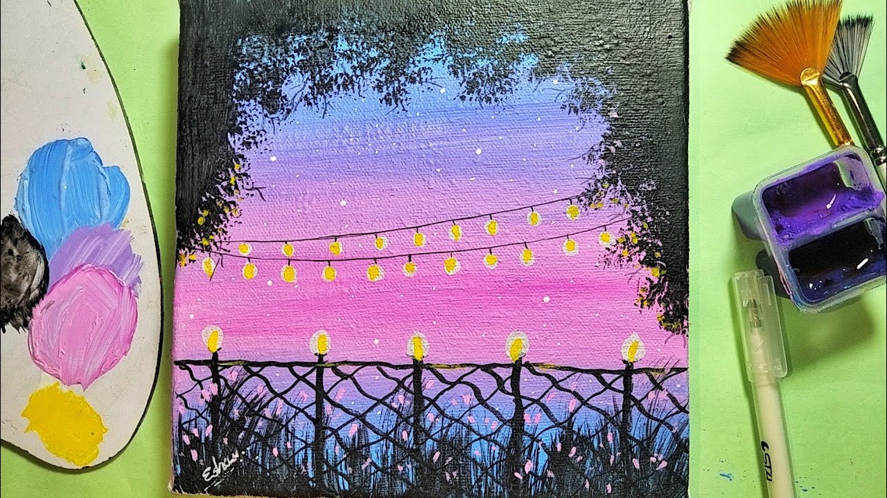 Aesthetic night scenery painting idea for beginners. Easy painting idea. Esha's Art's ❄️