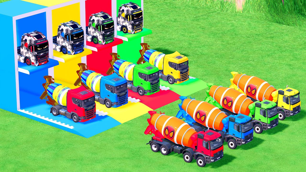 Garage with Colors - ALL MIXER TRUCK WITH DOUBLE FLATBED TRAILER TRUCK, SCANIA, MACK #55 - FS22