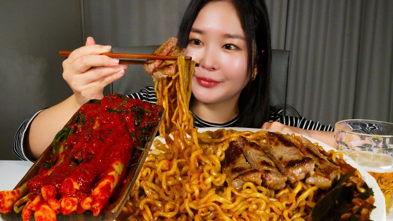 🍜🥩 짜파구리 × 채끝등심 × 실비파김치 | 조합 미쳤다 먹방 ASMR Jjapaguri × Sirloin Steak × Silbi Kimchi Mukbang ASMR