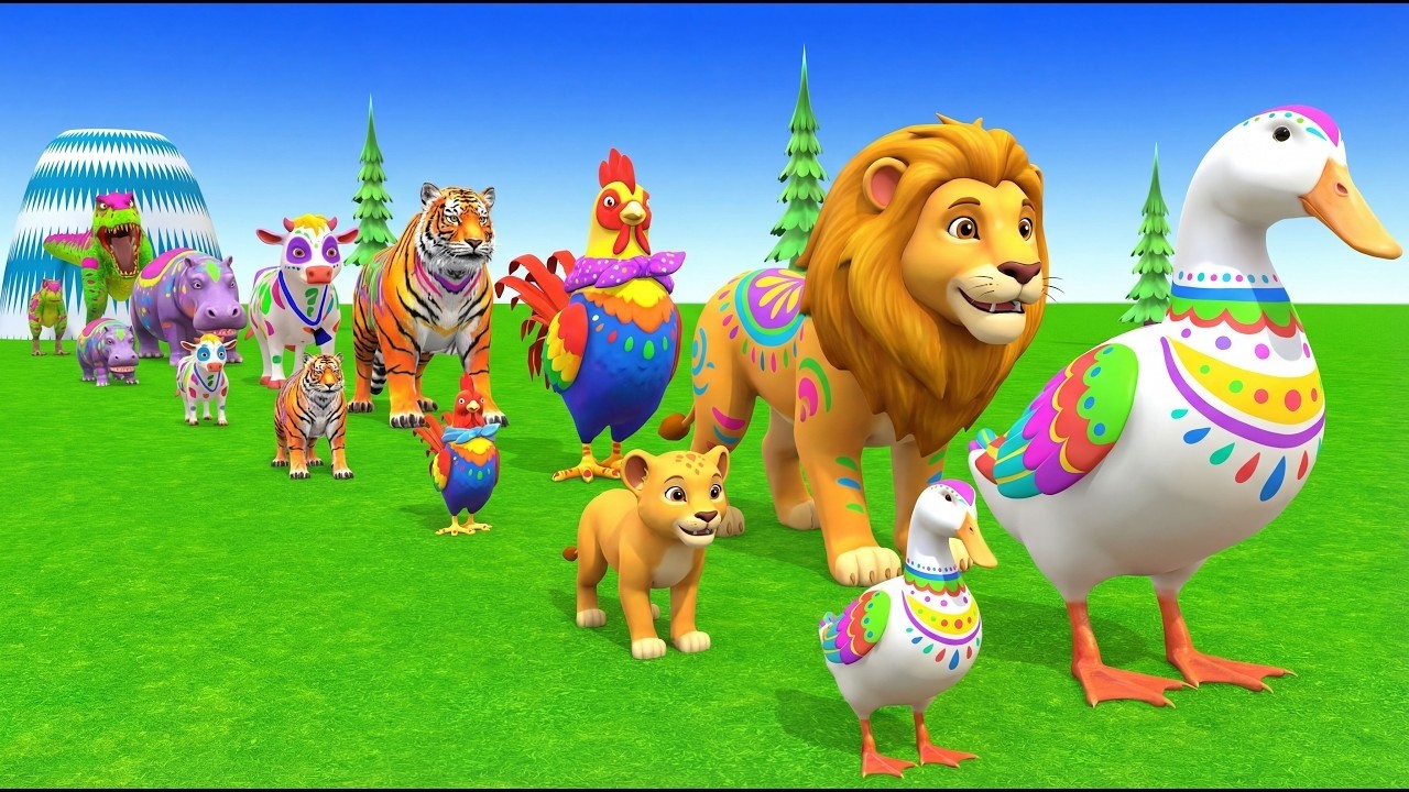 Long Slide Game With Cow Elephant Gorilla Hippopotamus Tiger - 3d Animal Game - Funny 3d Animals