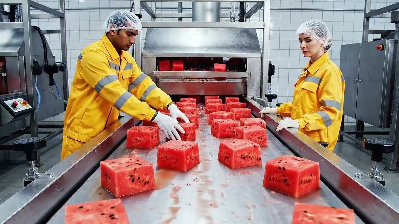 Inside a Modern Watermelon Processing Plant: From Whole Melons to Sweet Red Juice (Full Process)