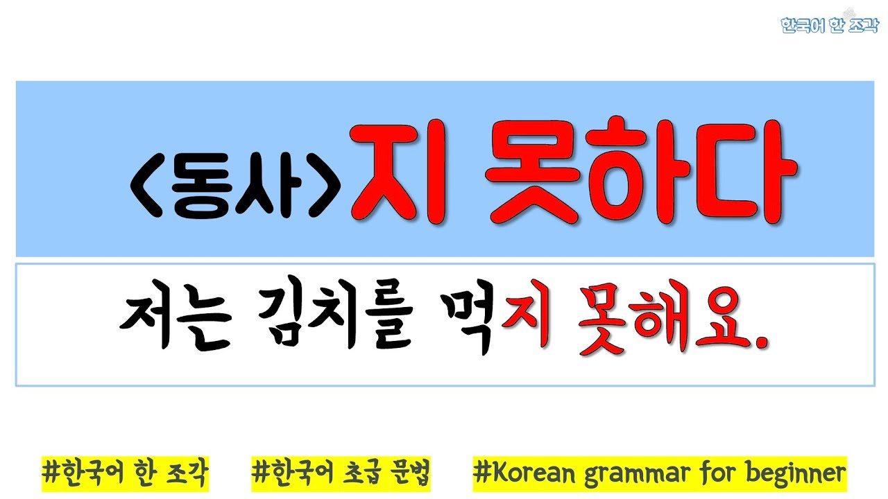 【한국어 초급 문법】-지 못하다 Korean basic grammar 저는 김치를 먹지 못해요
