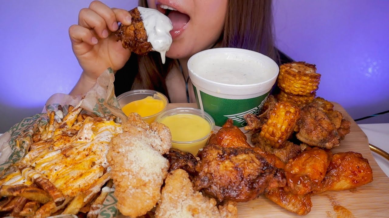 ASMR WINGSTOP TENDERS, THIGHS, WINGS + VOODOO FRIES & CAJUN CORN MUKBANG *NO TALKING*