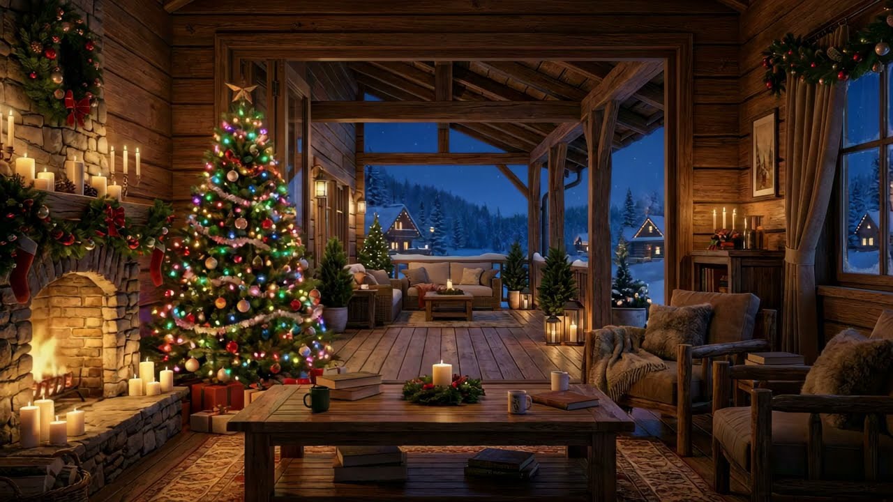 Warm Christmas Retreat 🎄 Crackling Fireplace on a Snowy Cabin Porch | No Music