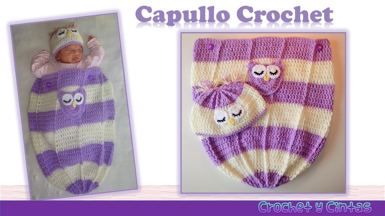 Capullo - cocoon con gorro búho dormido para bebés tejido a crochet (ganchillo)