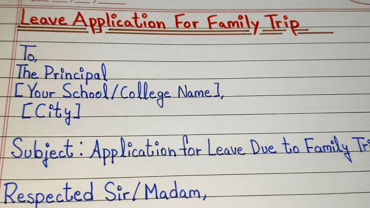 Leave Application for Family Trip in English | Application Writing for Students 
