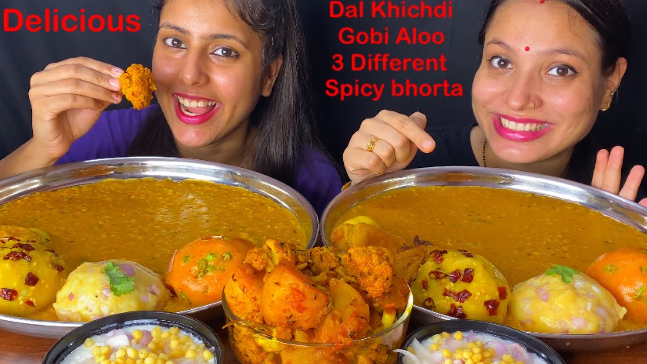 Eating Dal Khichdi, 3 Different Spicy 🔥 Bhorta, Gobi Aloo, Raita | Lots Of Khichdi Eating Challenge